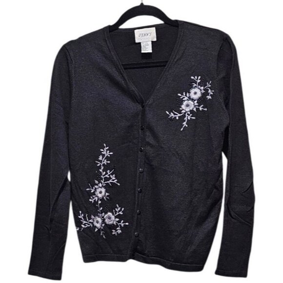 Jenny Womens Black Floral Embroidered Cardigan Sweater S Ramie‎ & Cotton Blend - Picture 1 of 7